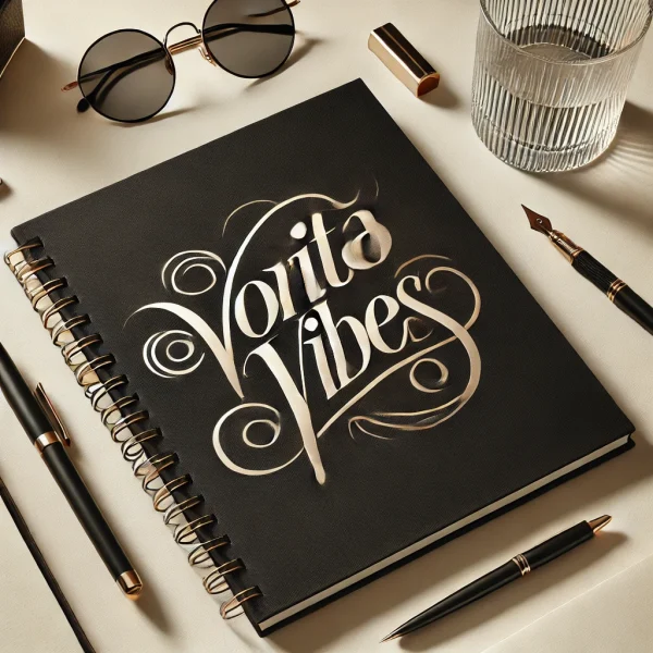 - A stylish notebook lying on a desk with the elegant 'Torita Vibes' logo